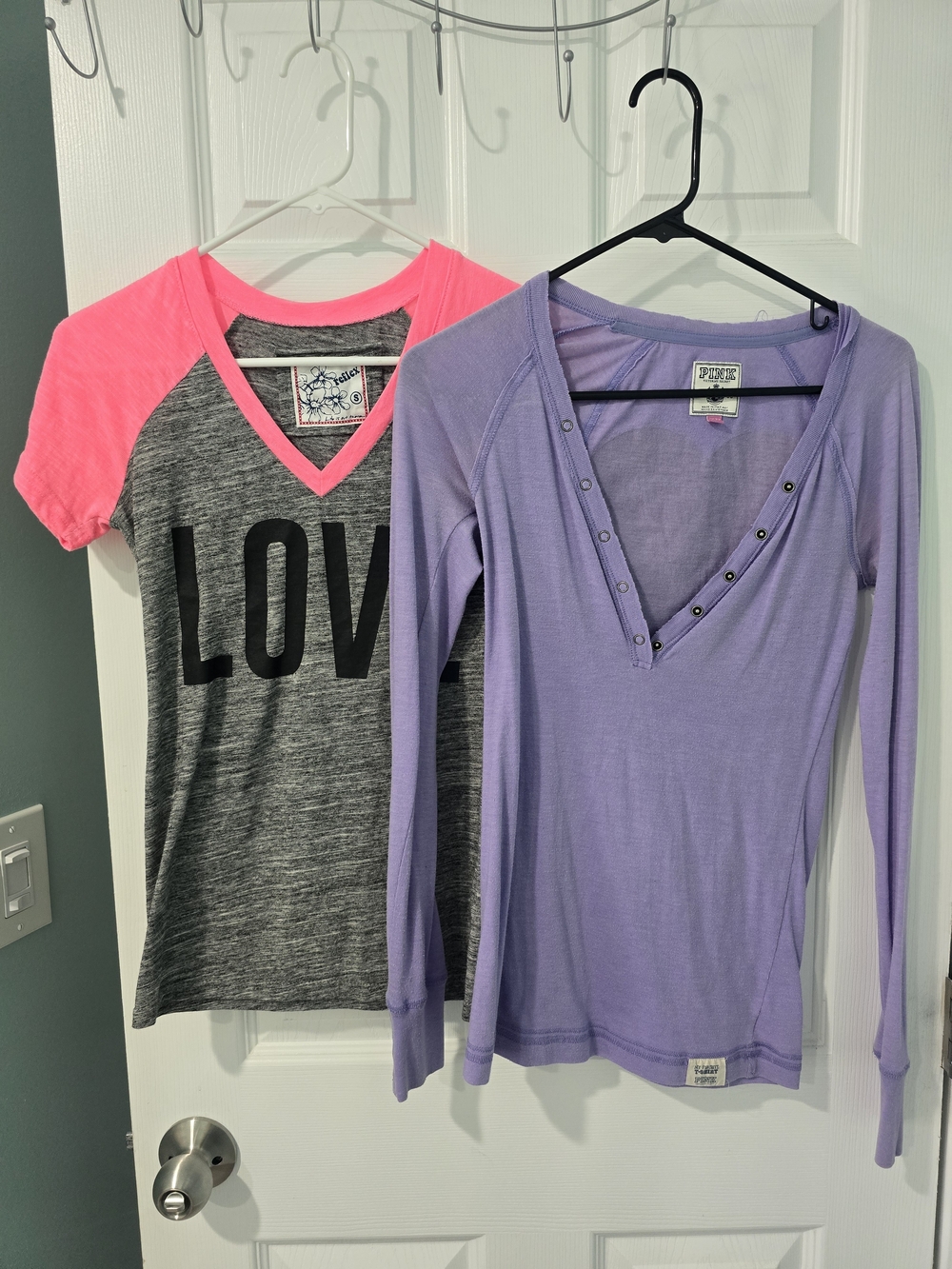Victoria's Secret Pink Purple Long Sleeve And Gray Neon Pink 'LOVE' Raglan Tee